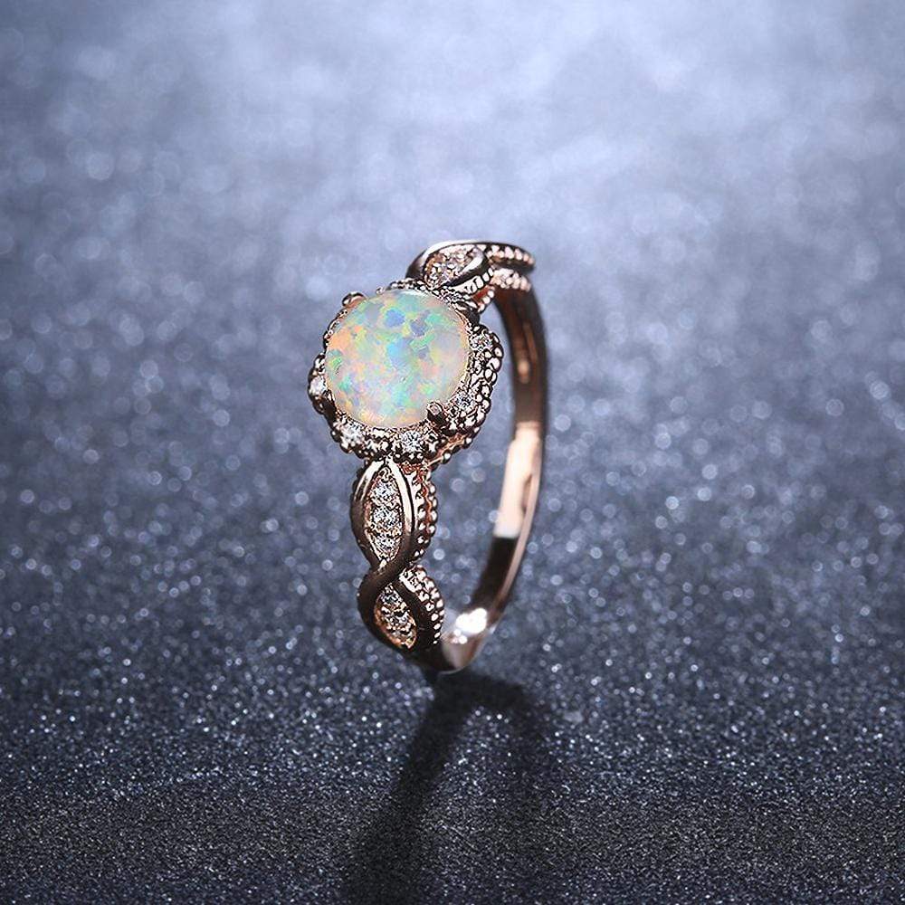 Vintage Inspired Cabochon Imitation Opal Flower Rose Gold Layered Band Ring