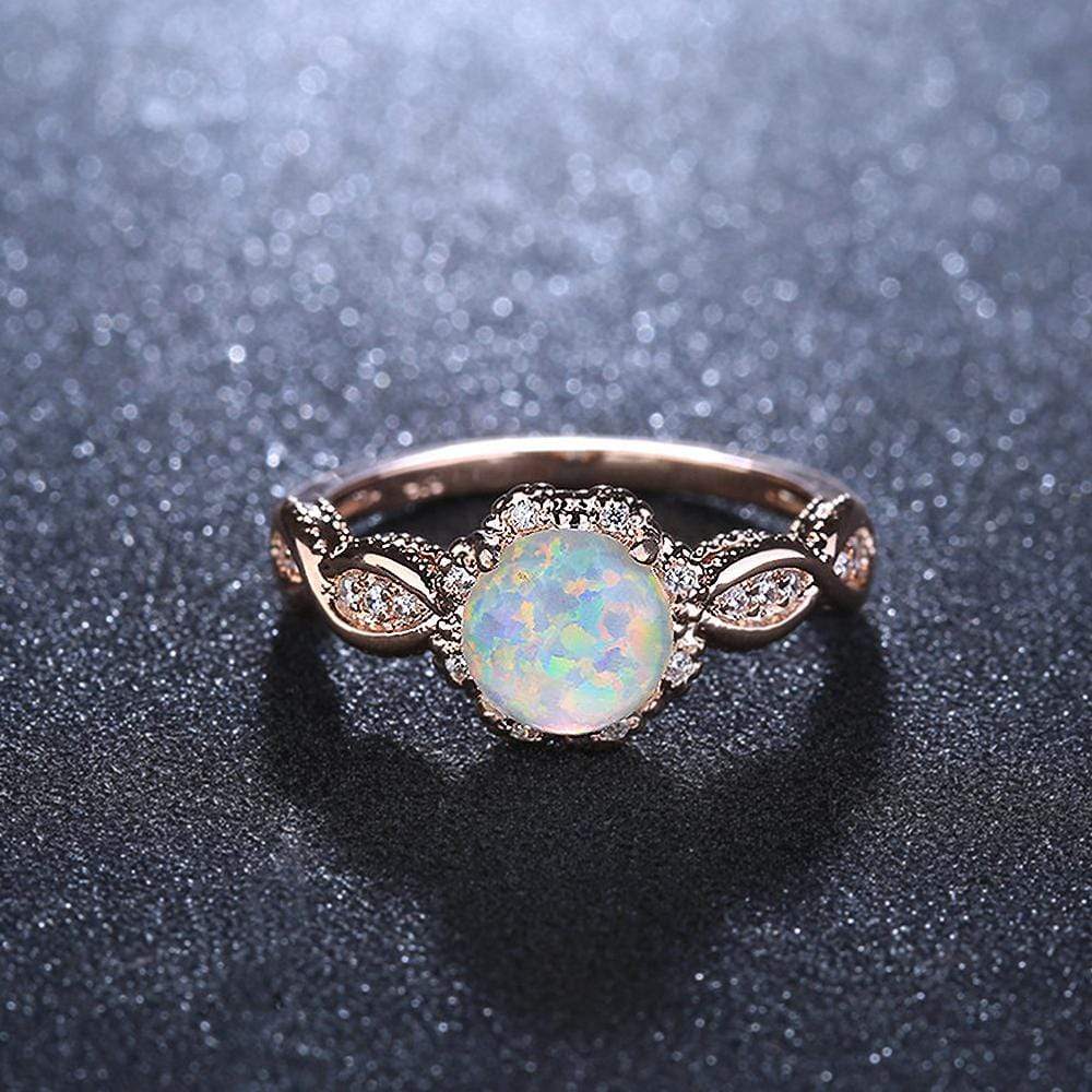 Vintage Inspired Cabochon Imitation Opal Flower Rose Gold Layered Band Ring