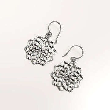 Solid 925 Sterling Silver Mandala Lotus Dangle Earrings