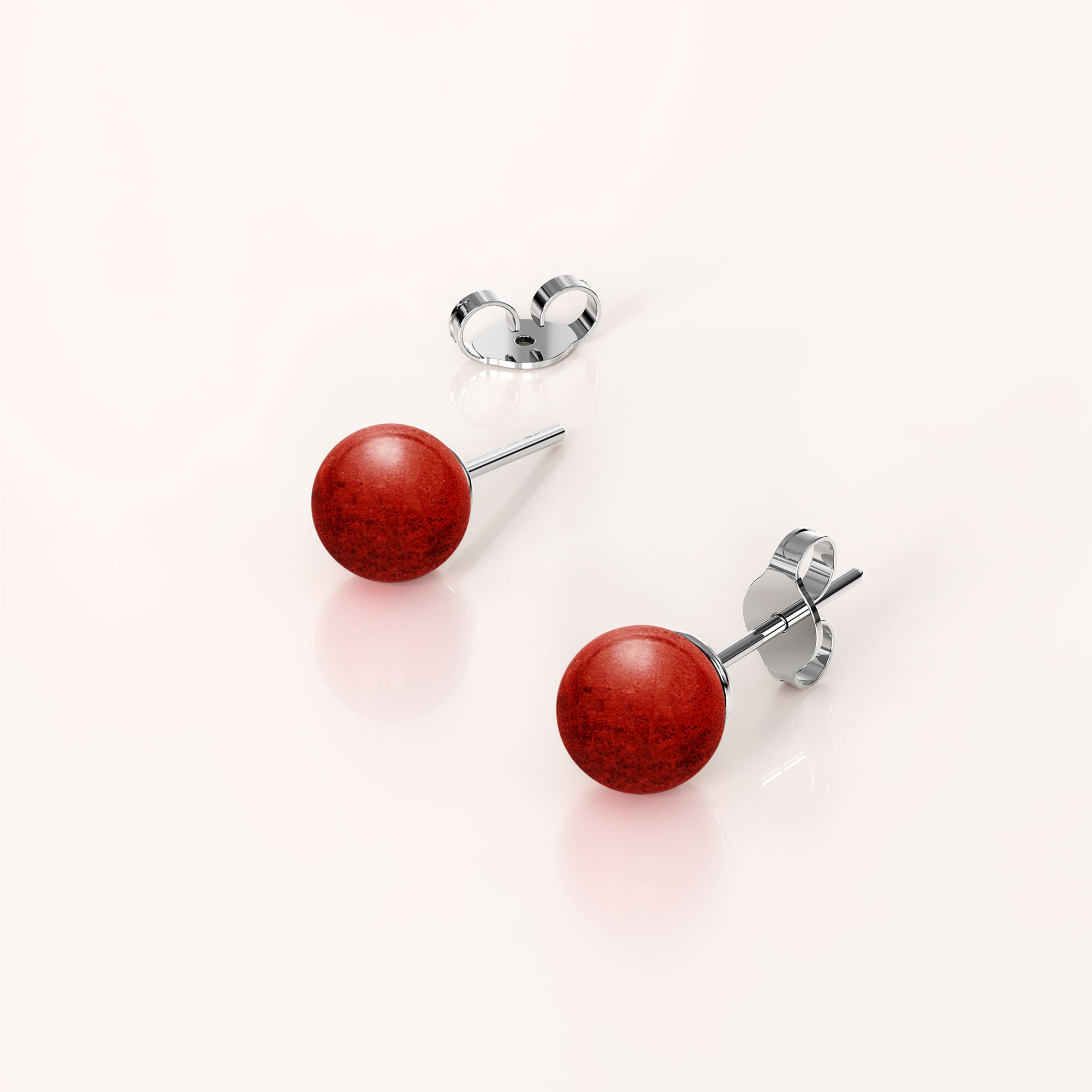 Solid 925 Sterling Silver Sphere Red Coral Stud Earrings
