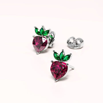 Solid 925 Sterling Silver Strawberry Cubic Zirconia Stud Earrings