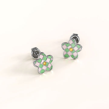 Solid 925 Sterling Silver Checked Green Flower Studs