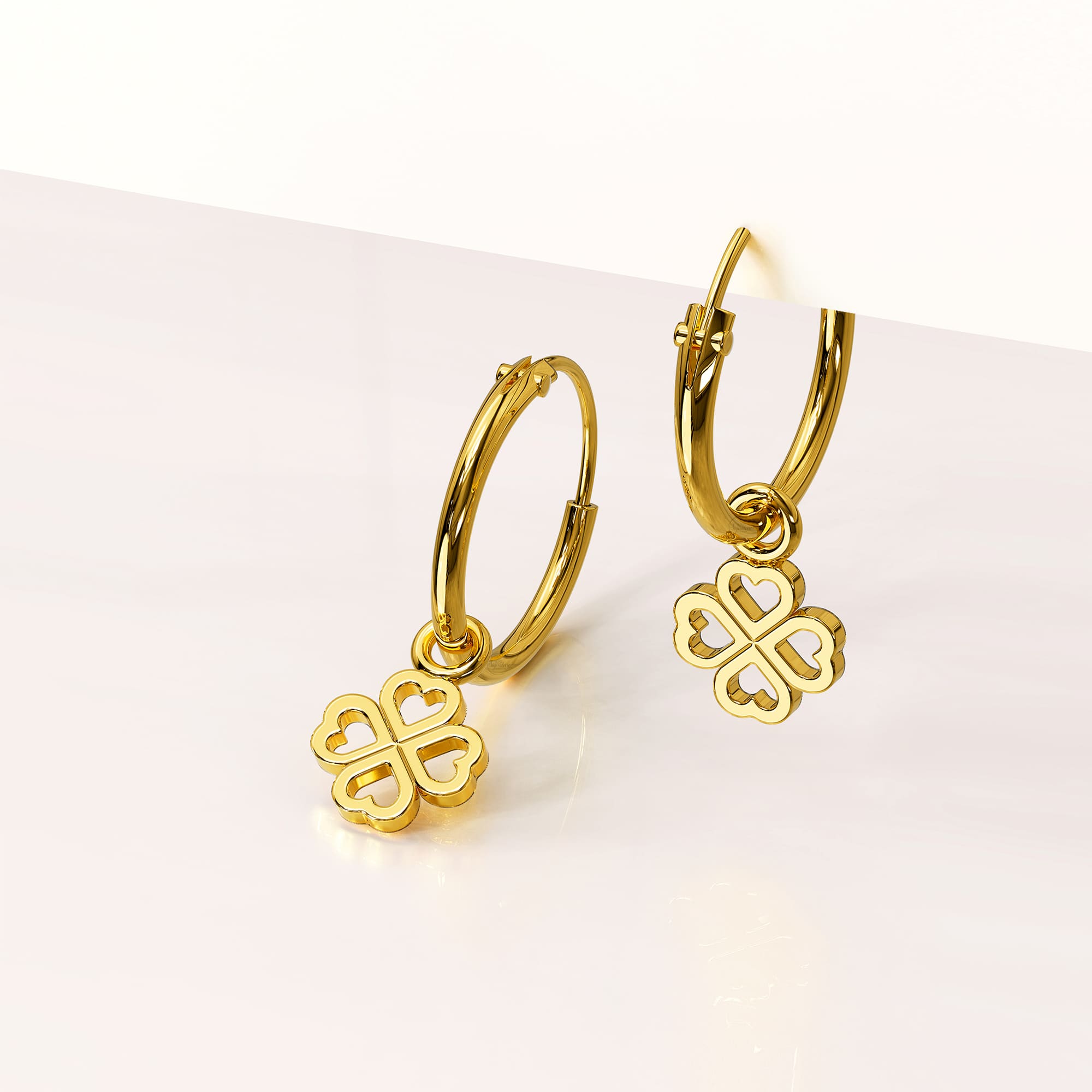 Solid 925 Signature Silver Clover Hearts Dangle Hoop Earrings In Gold