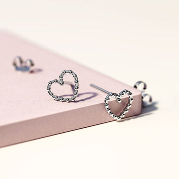 Solid 925 Signature Silver Iron Heart Open Stud Earrings