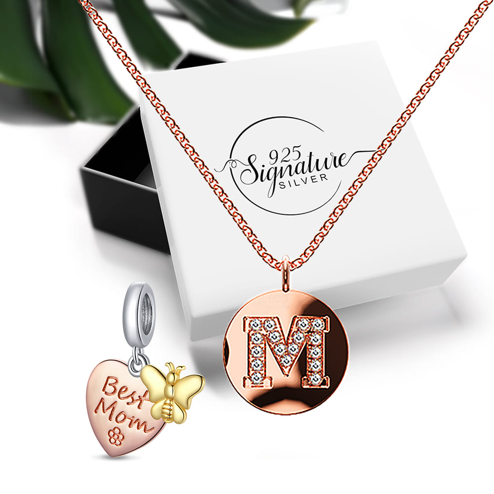 Boxed Solid 925 Sterling Silver Initial Necklace in Rose Gold with Best Mom Charm