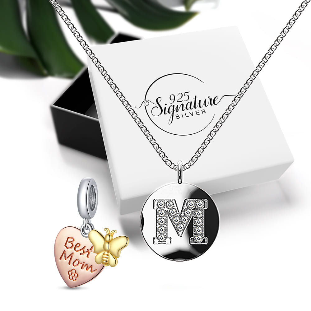 Boxed Solid 925 Sterling Silver Initial Necklace in White Gold with Best Mom Charm