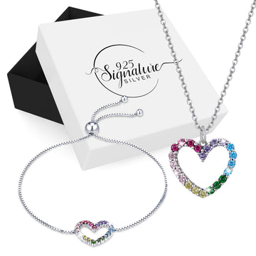Boxed Solid 925 Signature Silver Rainbow Heart Necklace and Bracelet Set