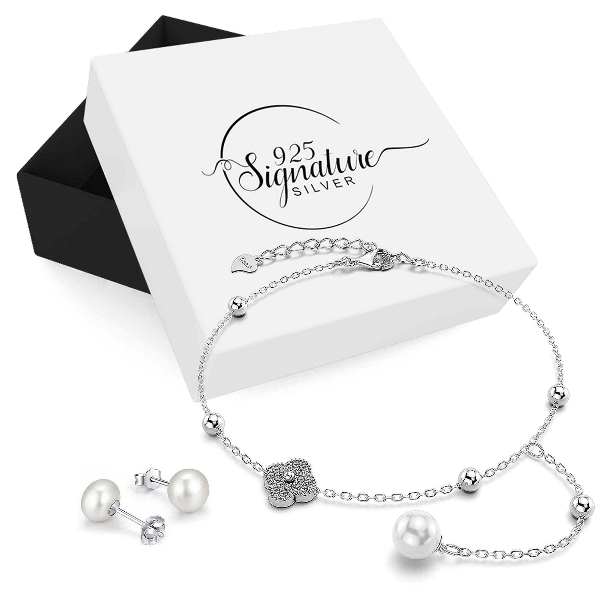 Boxed Solid 925 Signature Silver Clover Pearl Earrings and Bracelet Set