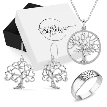 Boxed Solid 925 Signature Silver Tree of Life Earrings, Necklace and Ring Set