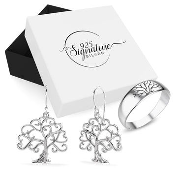 Boxed Solid 925 Signature Silver Tree of Life Earrings and Ring Set