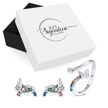Boxed Solid 925 Signature Silver Multicoloured Butterfly Earrings and Ring Set