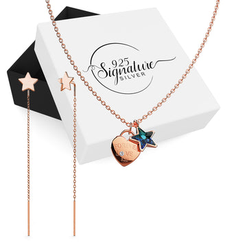 Boxed Solid 925 Signature Silver Star Necklace and Earrings Set in Rose Gold