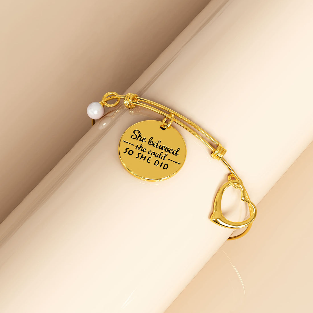 Bullion Gold She Believed She Could Heart Charm Gold Layered Tubular Adjustable Inspirational Bangle