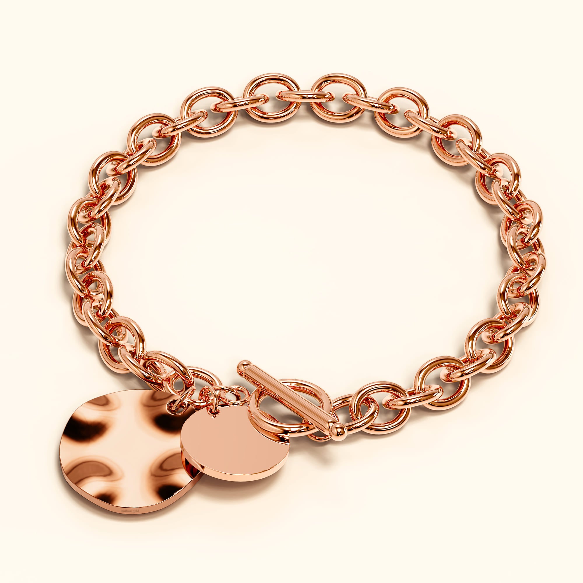 Hammered Disc Charm Belcher T-Bar Toggle Bracelet in Rose Gold Layered Steel Jewellery