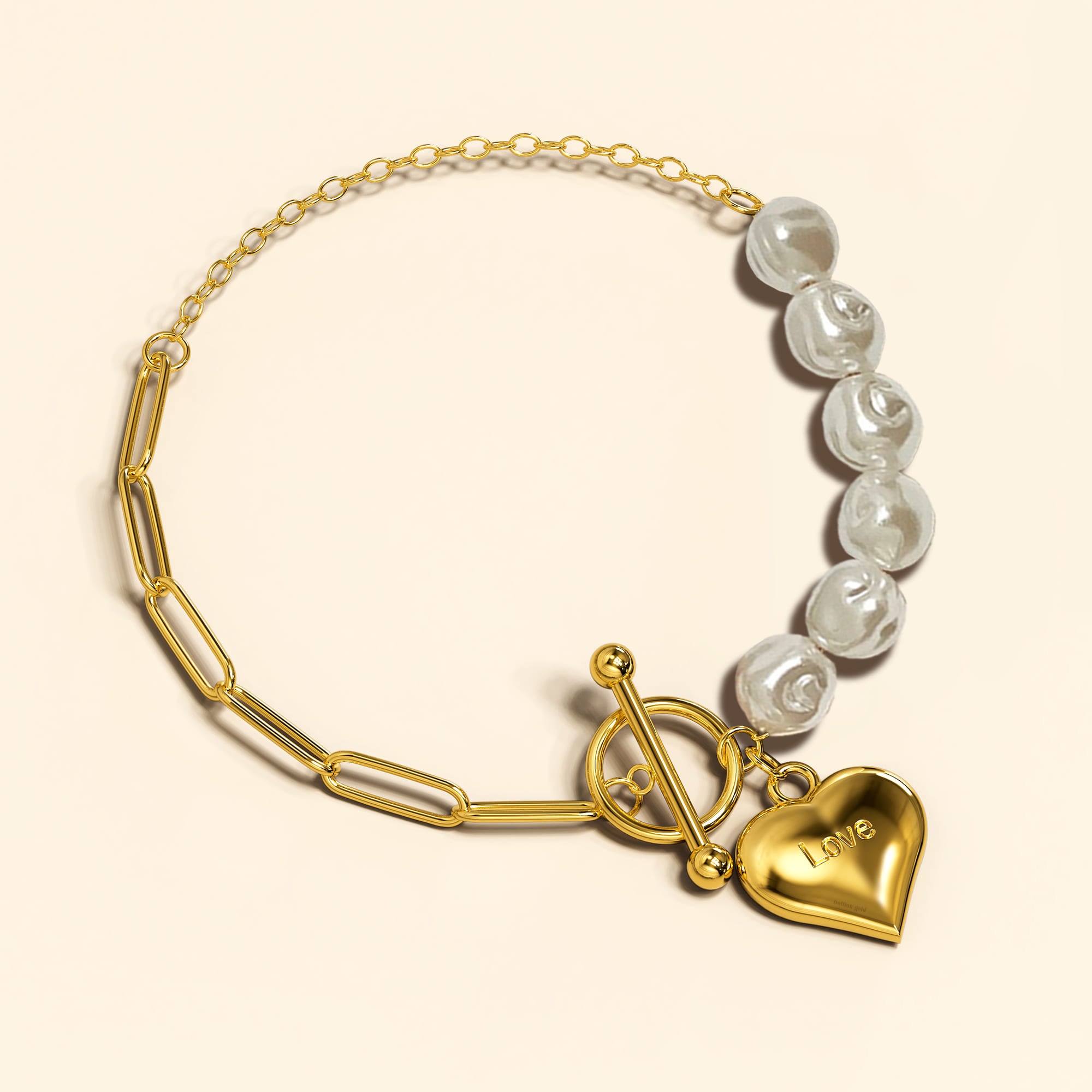 Pearl Paper Clip Chain Heart Gold Layered Stainless Steel Bracelet