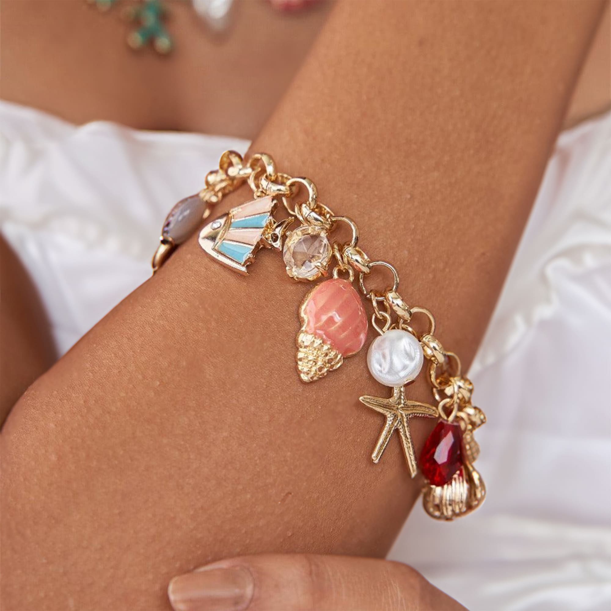 Beaded Summer Sea Charm Gold Bracelet