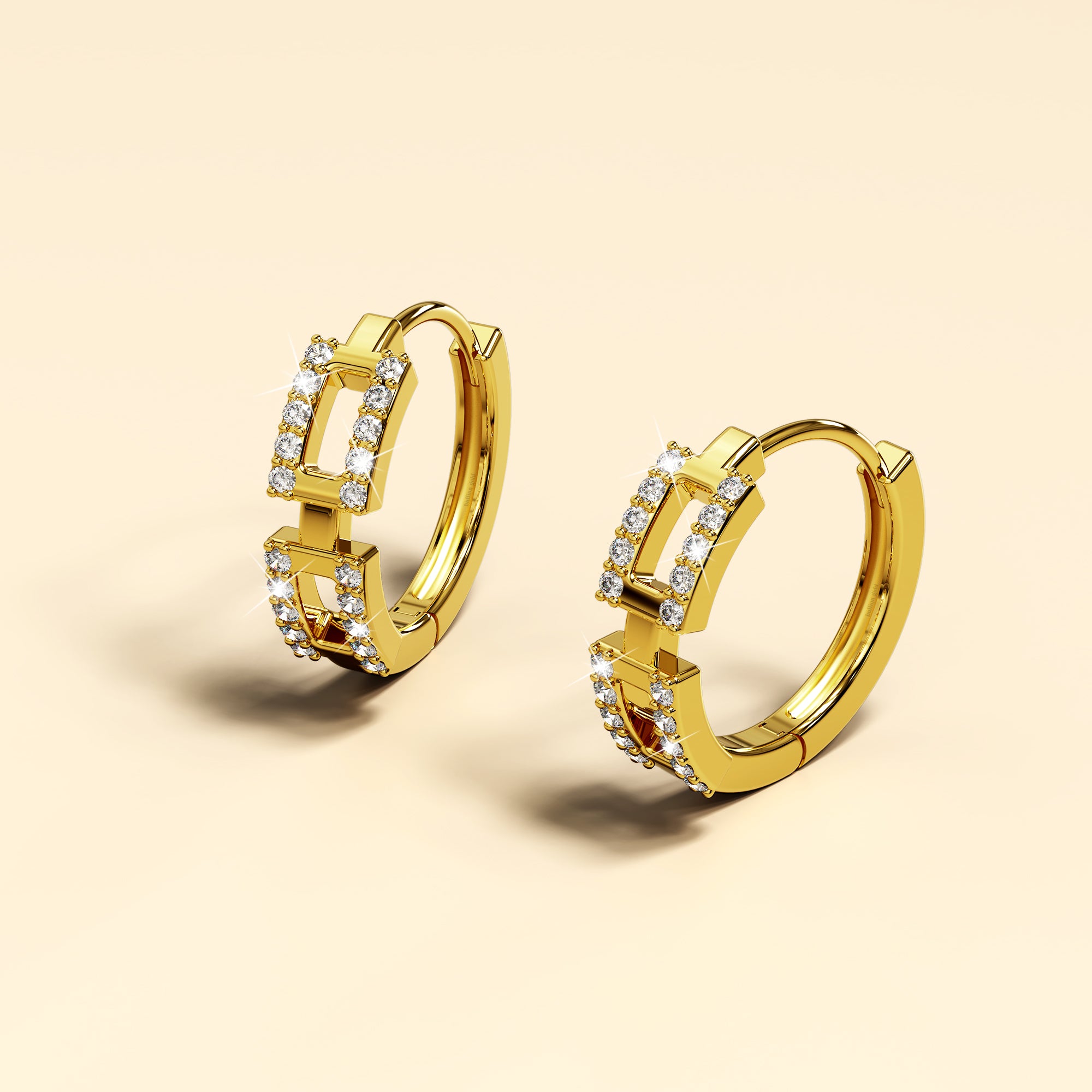 Square Linked Chain & CZ Huggie Earrings Gold
