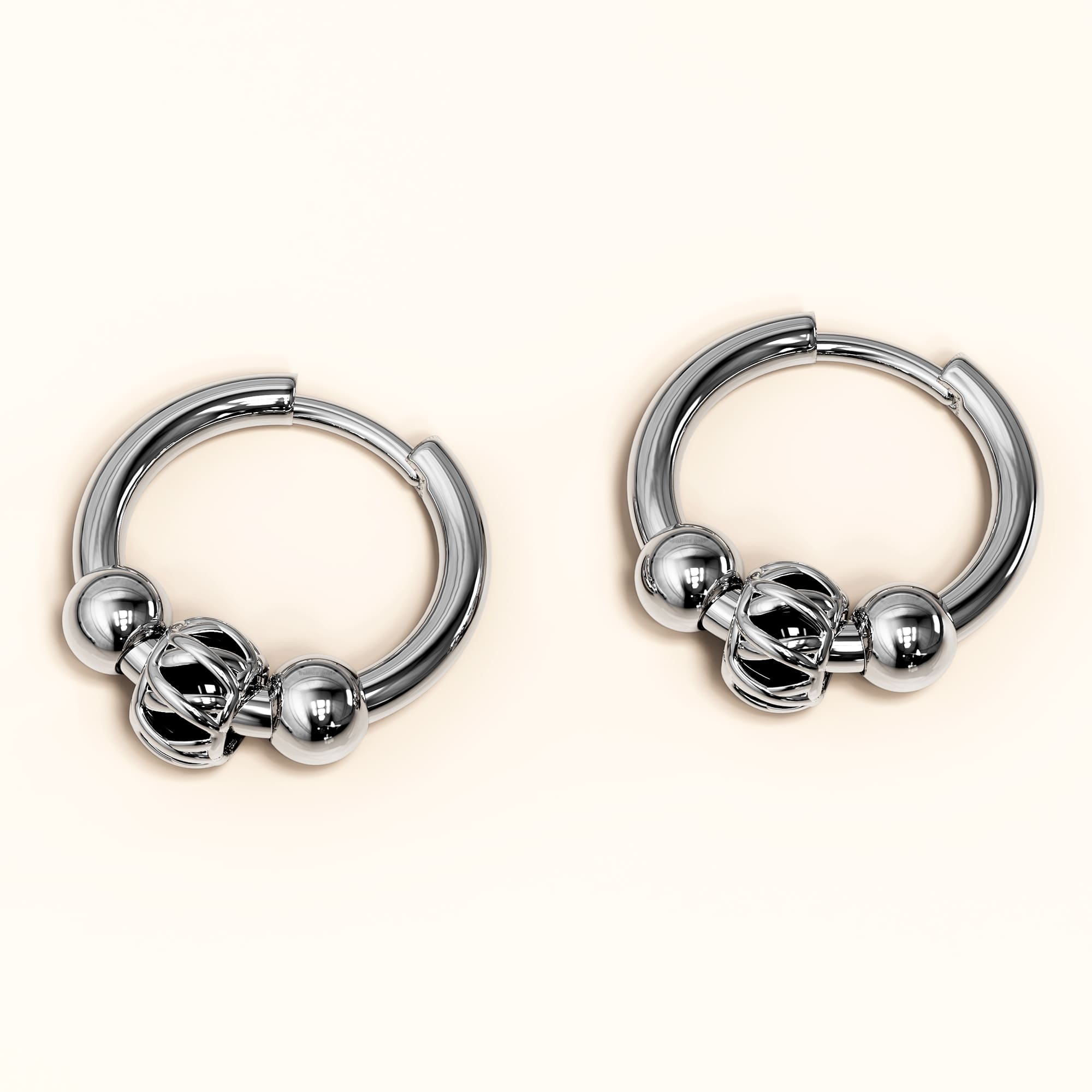 Triple Beads Hoop White Gold Layered Earrings