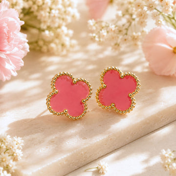 Bullion Gold Coral Pink Clover Stud Earrings