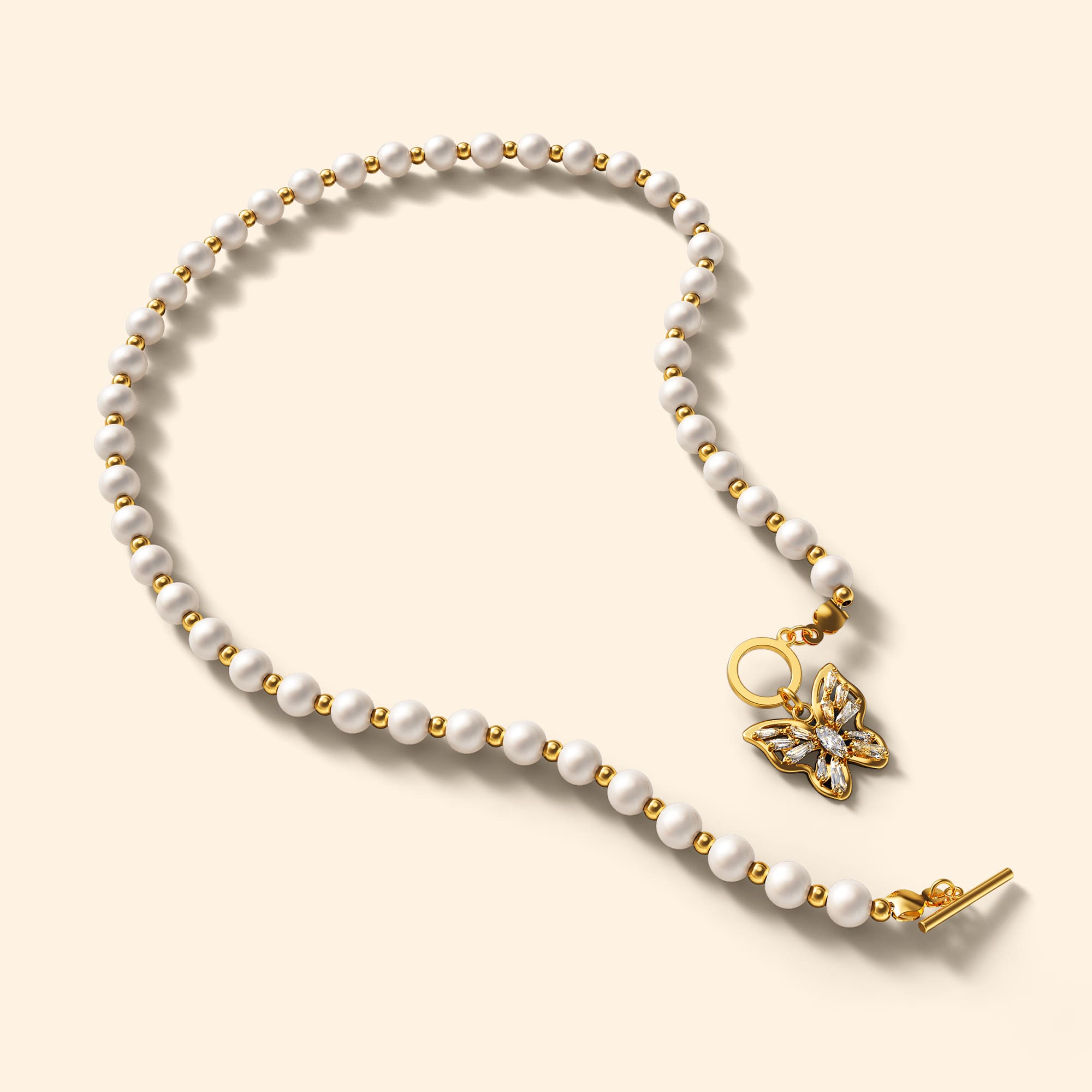 Pearl Butterfly Toggle Closure Choker Necklace in Gold