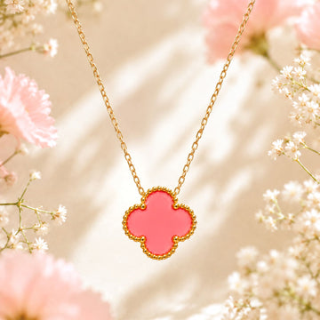 Bullion Gold Coral Pink Clover Necklace