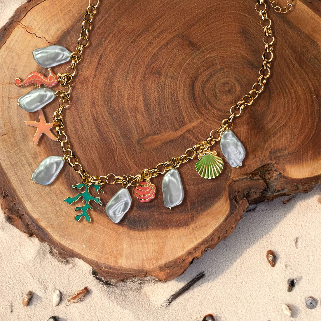 Beaded Summer Sea Charm Gold Necklace