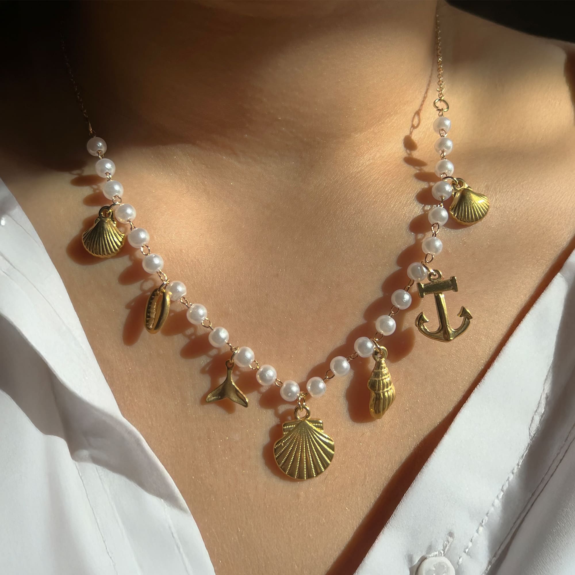 Beaded Sea Pearl Charm Gold Necklace