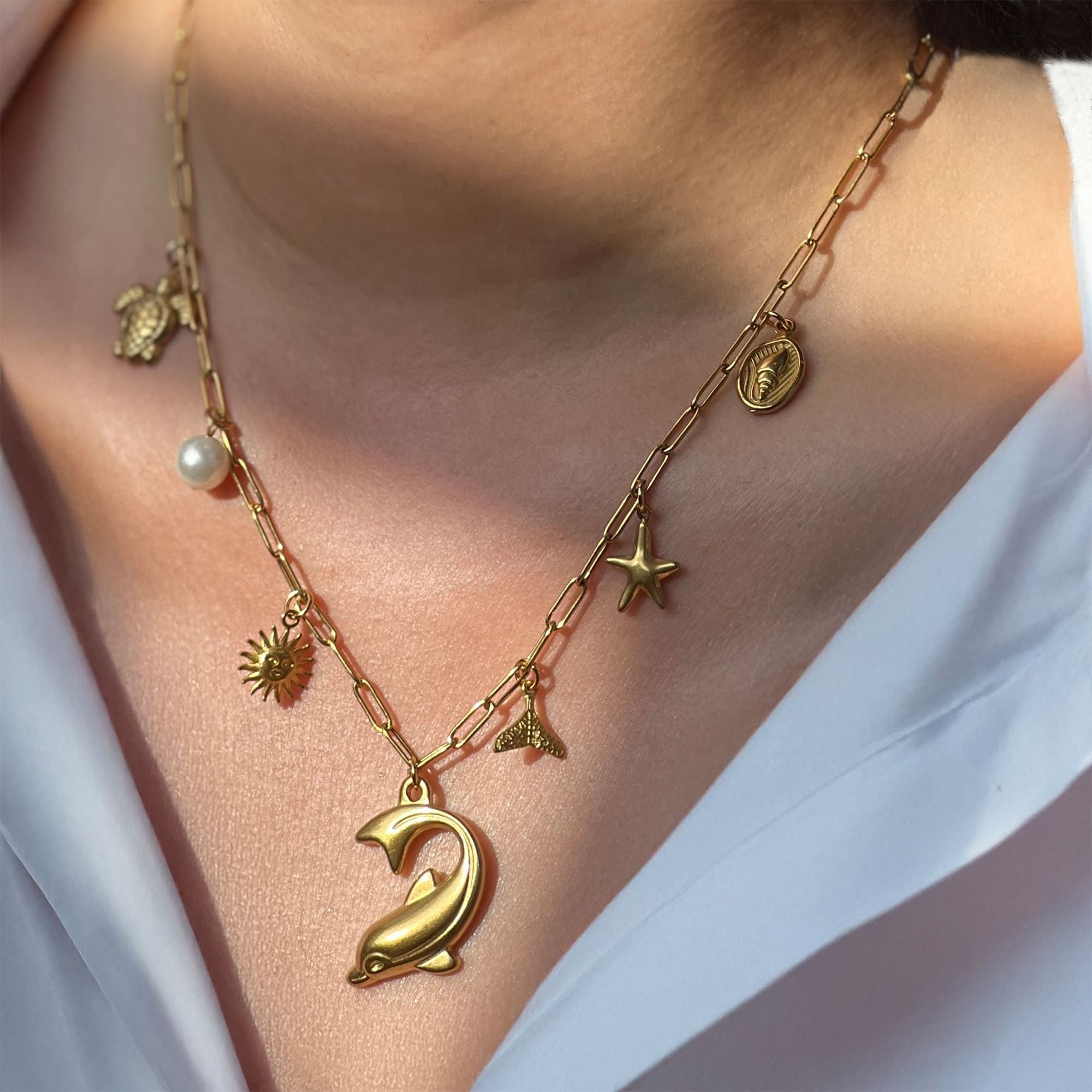 Beaded Sea Gold Charm Gold Necklace