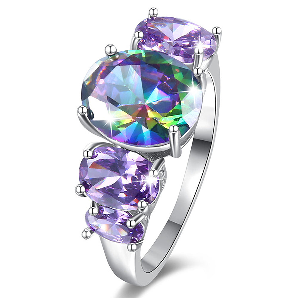 Five Colourful Stone Baguette setting White Gold Layered Band Ring