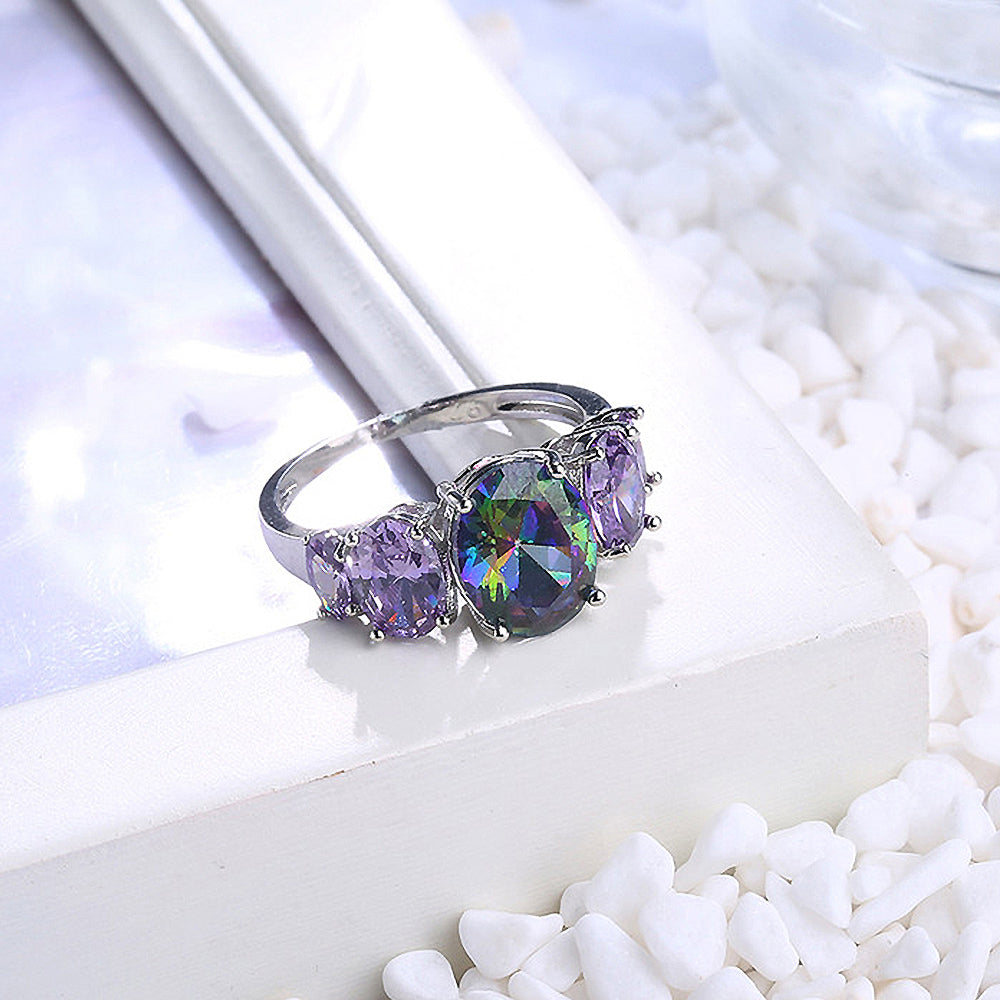 Five Colourful Stone Baguette setting White Gold Layered Band Ring