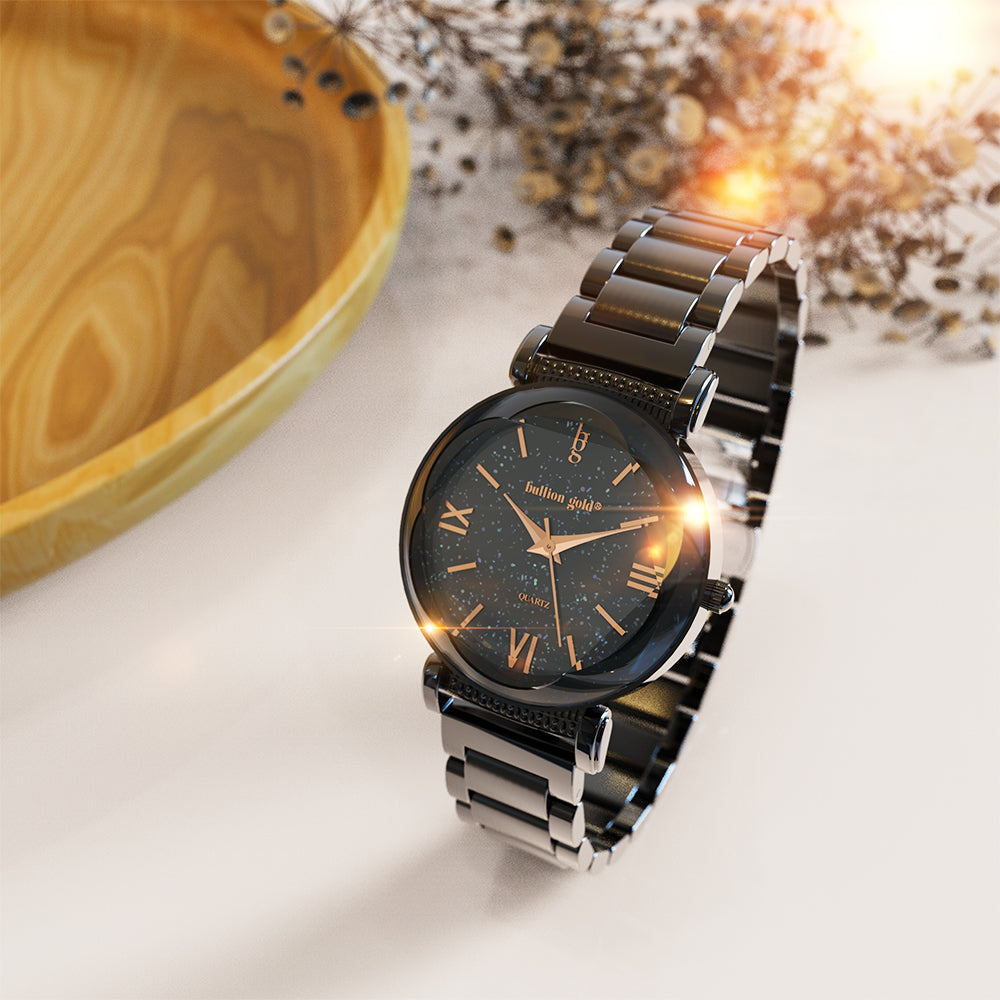 Bullion Gold Romish Watch Embellished with Glittering Crystals - Black and Rose Gold