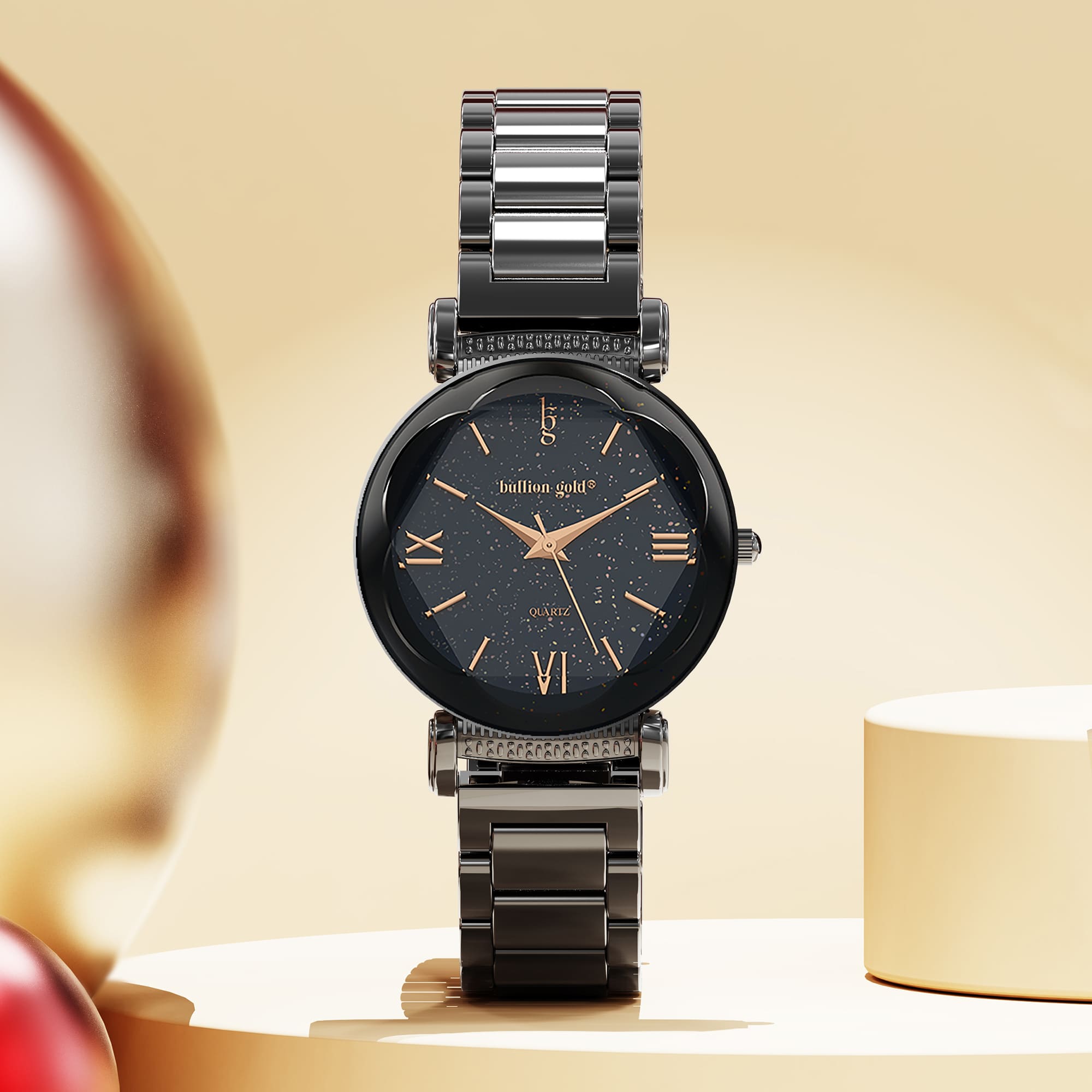 Bullion Gold Romish Watch Embellished with Glittering Crystals - Black and Rose Gold