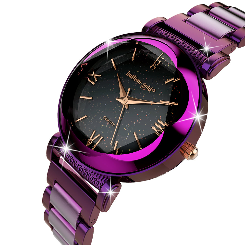 Bullion Gold Romish Watch Embellished with Glittering Crystals - Purple and Black