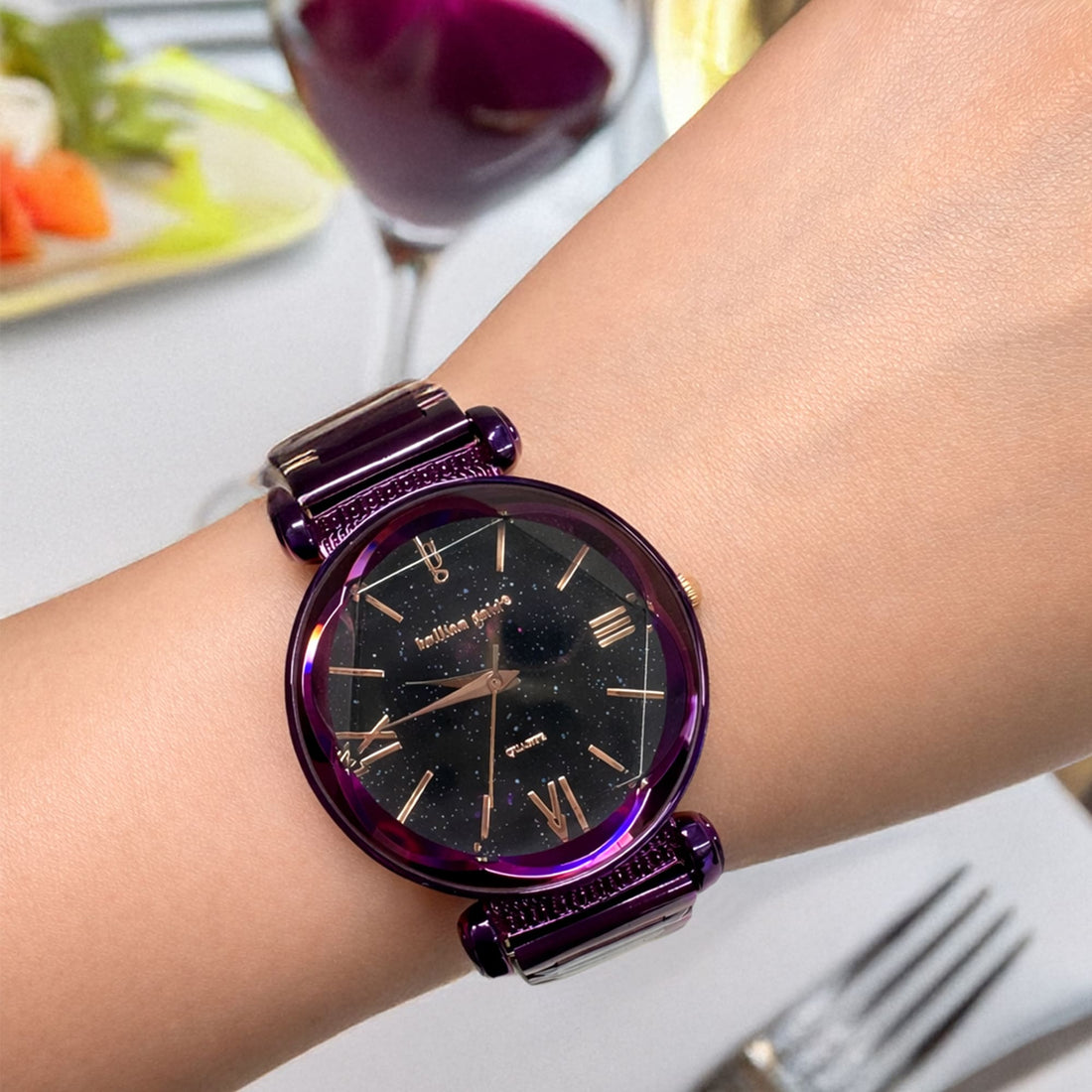 Bullion Gold Romish Watch Embellished with Glittering Crystals - Purple and Black