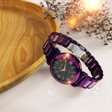 Bullion Gold Romish Watch Embellished with Glittering Crystals - Purple and Black