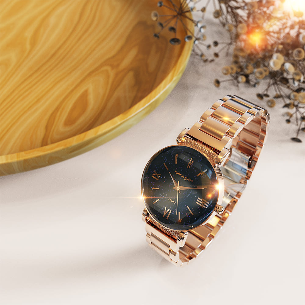 Bullion Gold Romish Watch Embellished with Glittering Crystals - Rose Gold and Black