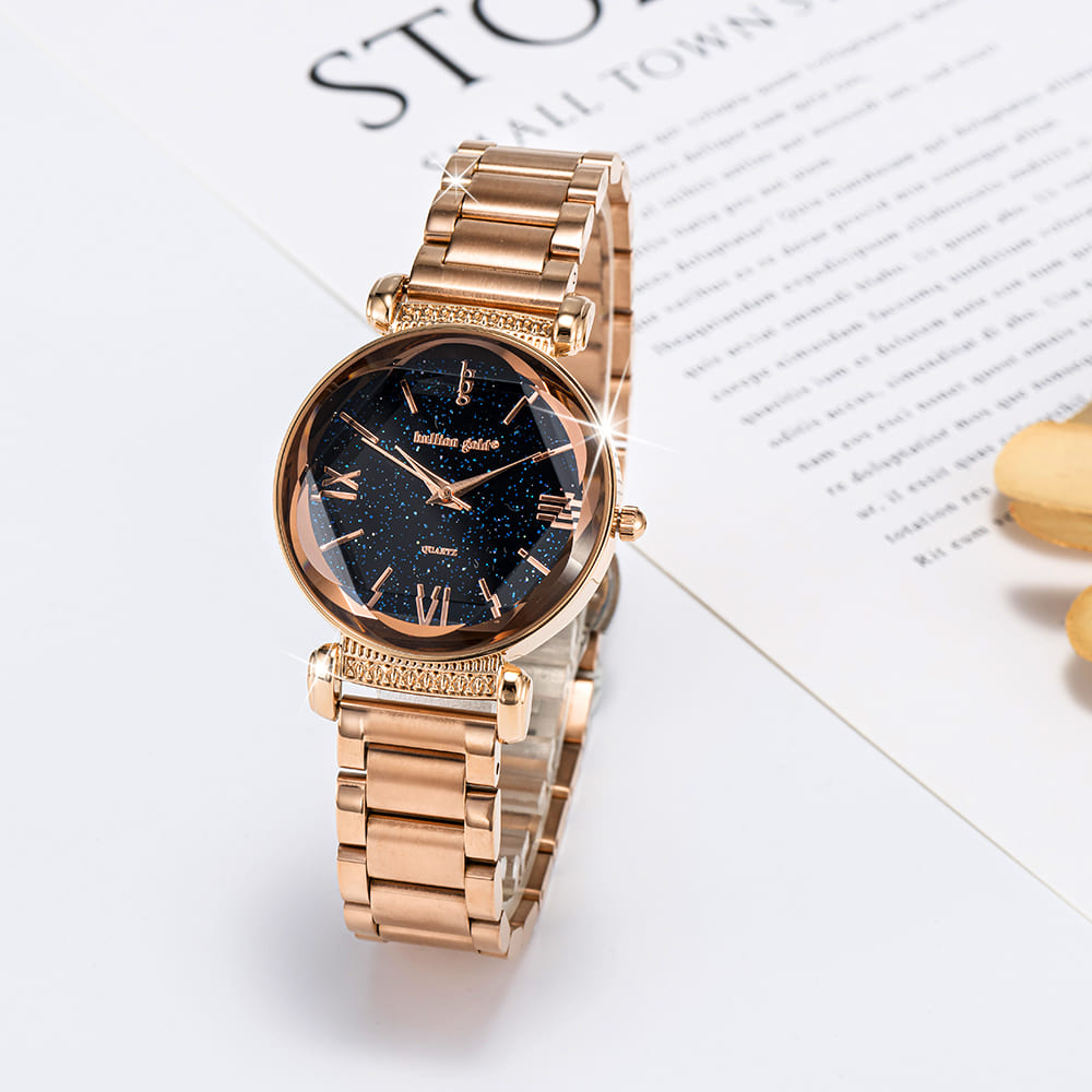 Bullion Gold Romish Watch Embellished with Glittering Crystals - Rose Gold and Black