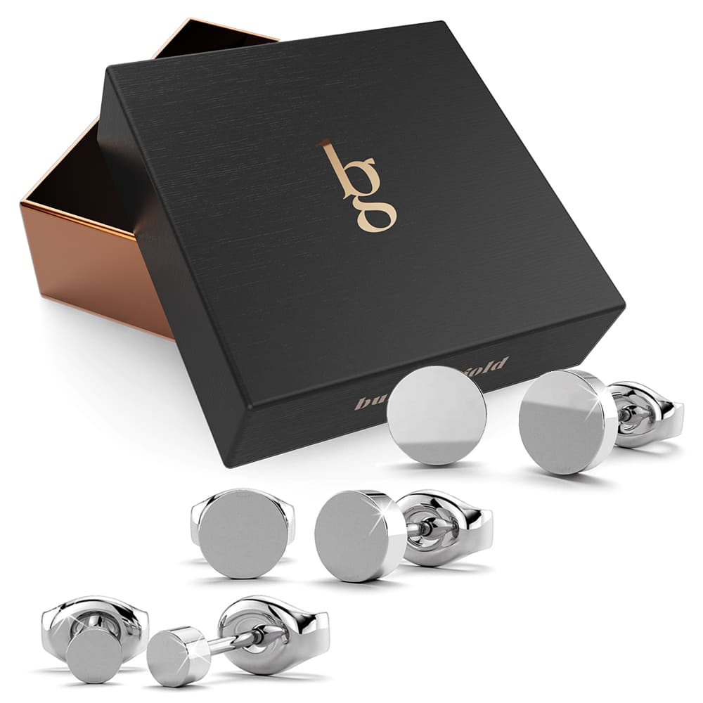 Boxed 3 Pairs Simplicity Stud Earrings Set White Gold