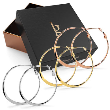 Boxed 3pr Semi Flattened Hoop Earrings Set 40mm