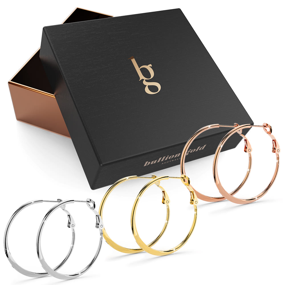 Boxed 3pr Semi Flattened Hoop Earrings Set 30mm