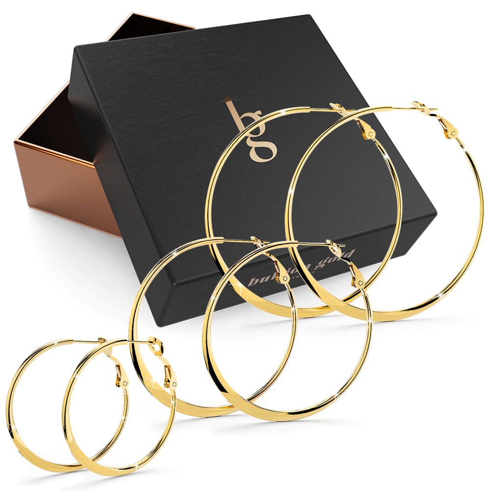 Boxed 3pr Semi Flattened Gold Hoop Earrings Set