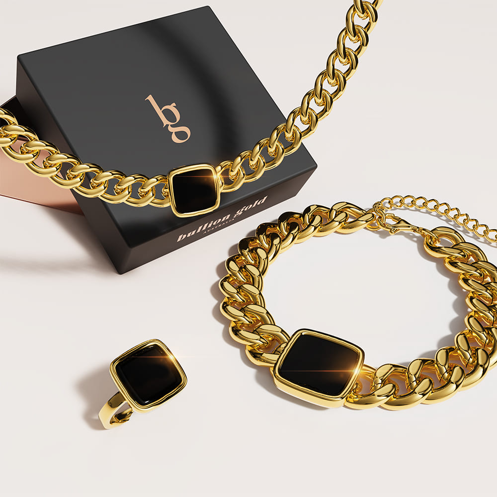 Boxed Solid Square Black Ring and Cuban Chain Bracelet & Necklace Set