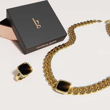 Boxed Solid Square Black Ring and Cuban Chain Necklace Set