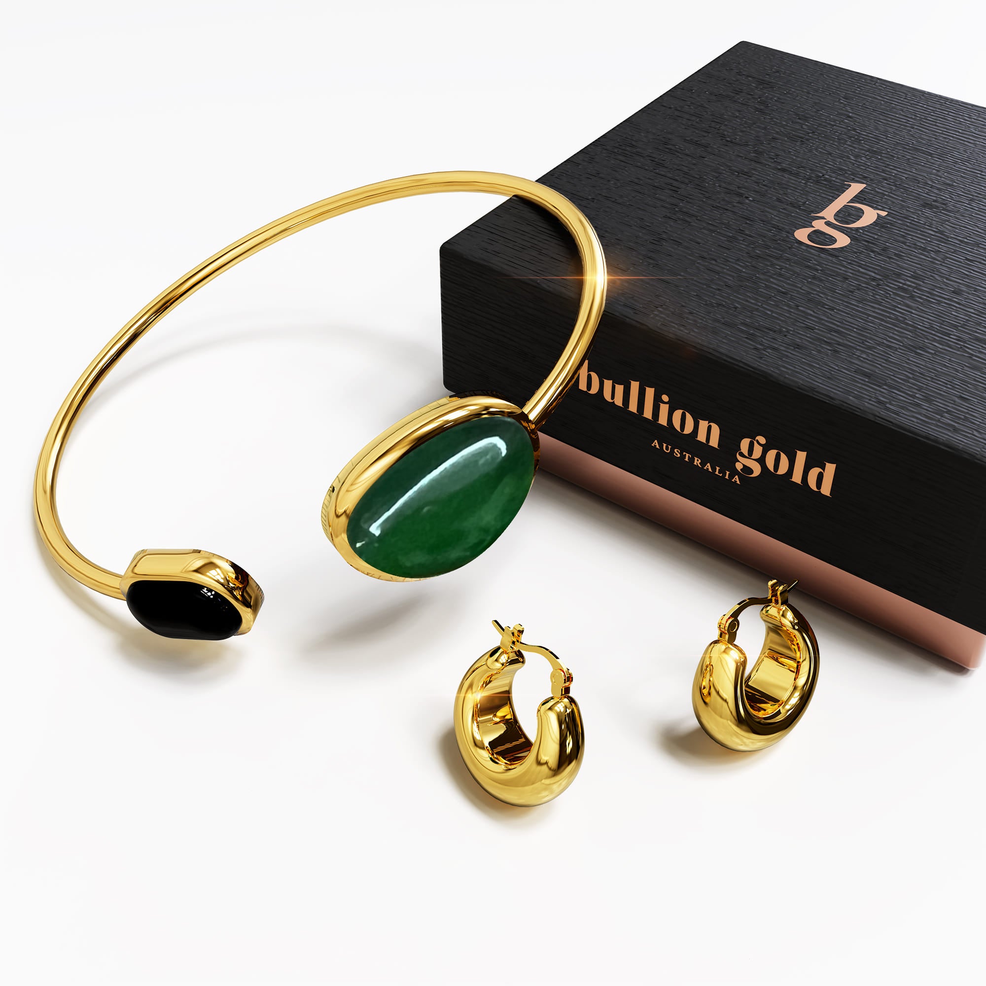 Boxed Aysu Droplet Hoop Earrings & Agate Stone Cuff Bangle Set in Gold