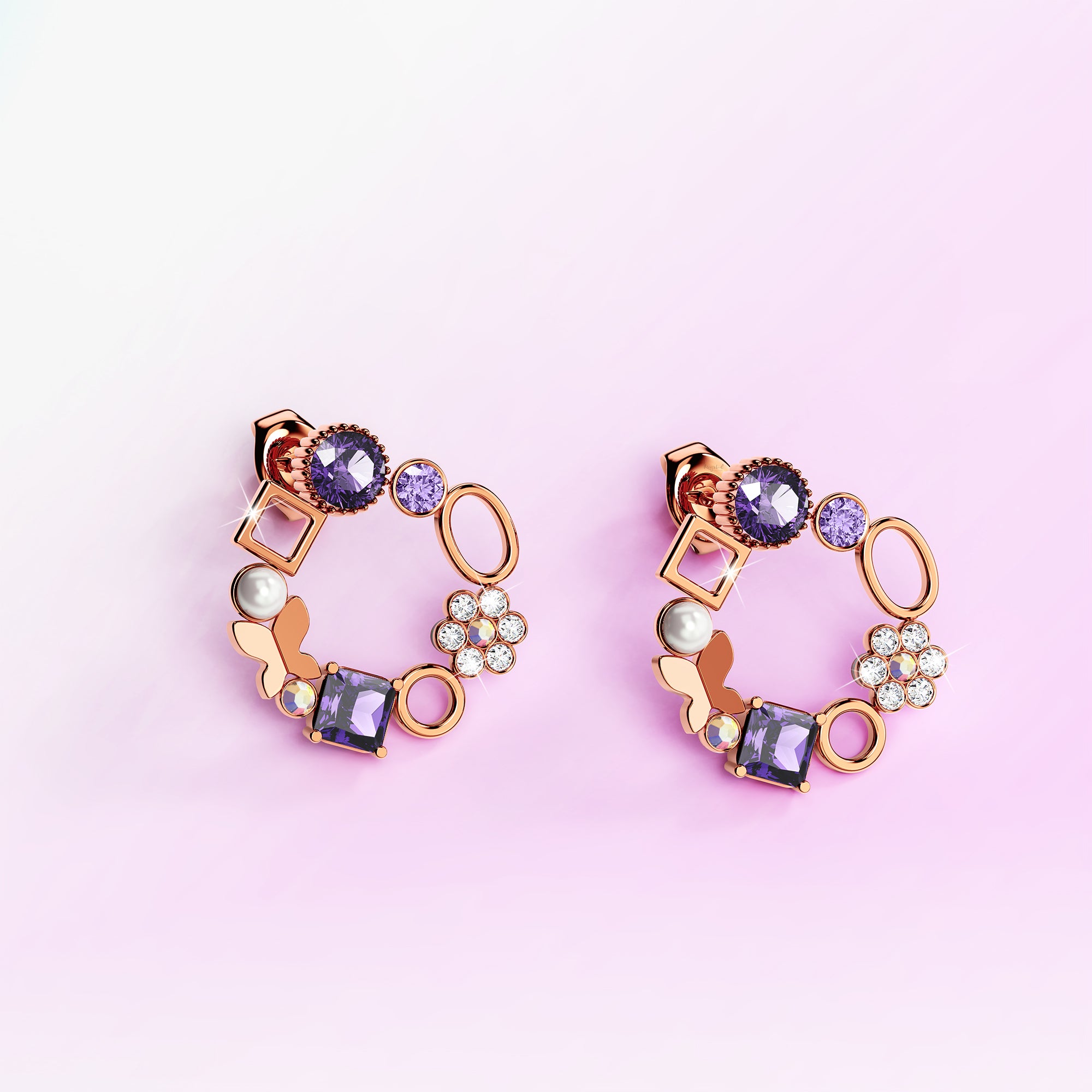 Lavender Geometric Circular Stud Earrings Embellished With SWAROVSKI® Crystals