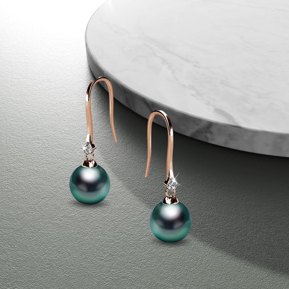Magnificent Pearl Hook Rose Gold Earrings Embellished with SWAROVSKI® Crystal Iridescent Tahitian Look Pearls