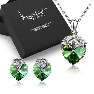 Boxed Evergreen Heart Necklace and Earrings Set Embellished with SWAROVSKI® Crystals