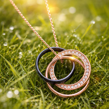 Krystal Couture Rose Gold Triple Interlocking Ring Black Pendant Necklace Embellished with Swarovski® Crystals