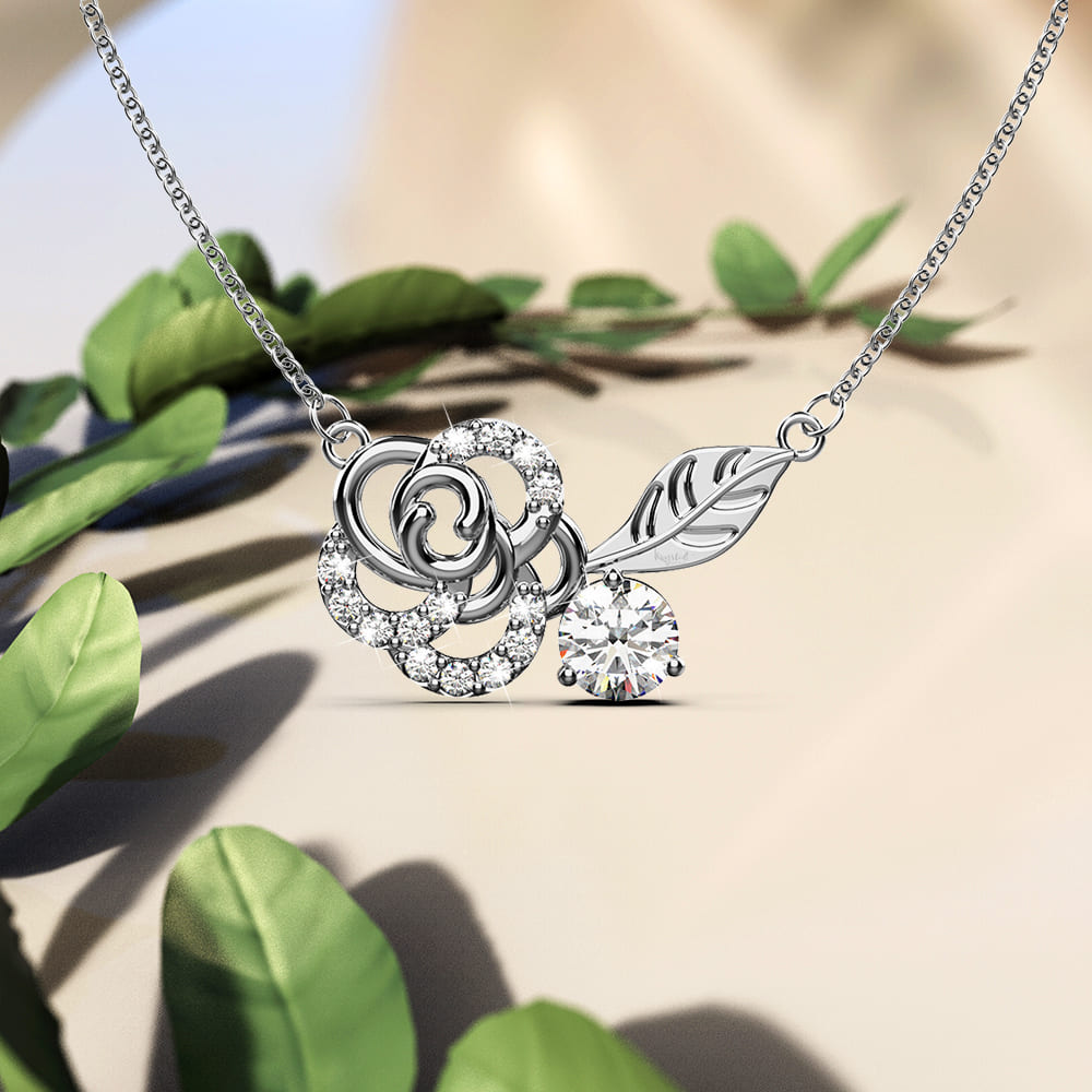 Rose Petal Pendant Necklace in White Gold Embellished With SWAROVSKI® Crystals