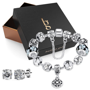 Boxed Pandora Inspired Full Set Beaded Charm Bracelet - Silver/White